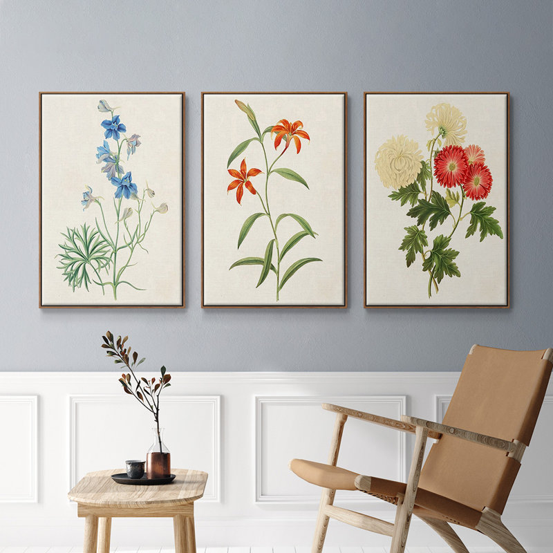 Flowers of the Seasons I - Ensemble de 3 cadres flottants sur toile, Noyer, H 27 po x l 54 po