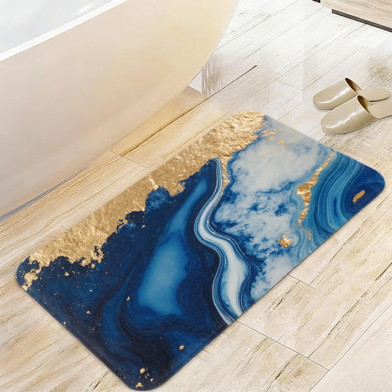 Blue Gold Marble Bath Rug, 20" X 32", For Bathroom, Living Room