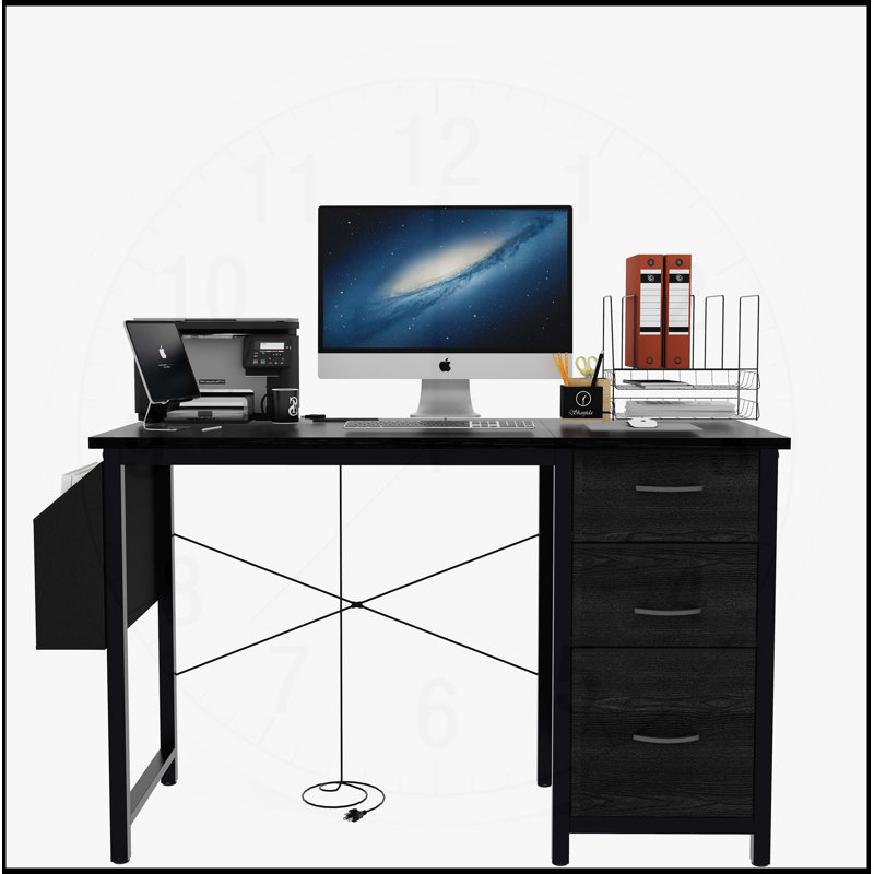 Bureau de 47,3 pouces avec prise de courant, 3 tiroirs et poche latérale pour le bureau à domicile, Noir