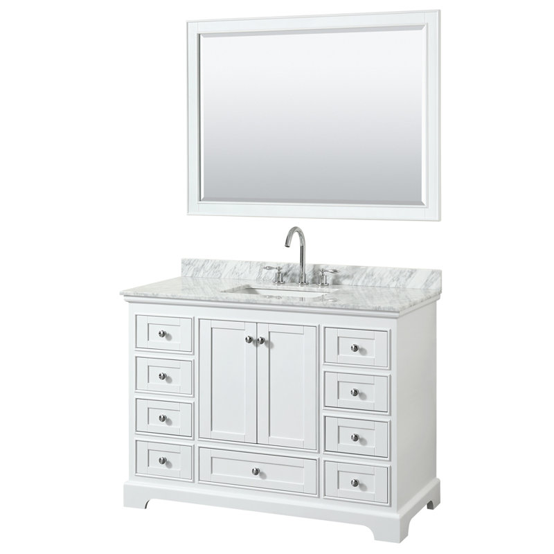 Deborah 48'' Single Bathroom Vanity with Marble Top with Mirror, Matte Black, White
