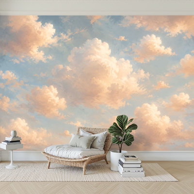 Wall Mural Peel and Stick Wallpaper Soft Blue Sky Fluffy White Beige Clouds Self-Adhesive Removable Contact Paper Wall Decor for Living Room Bedroom 100"H x 144"W