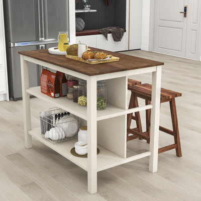 3-Piece Stationary Kitchen Island Set with 2 Stools, Rubber Wood Top Dining Table Set with 2 Shelves by Red Barrel Studio