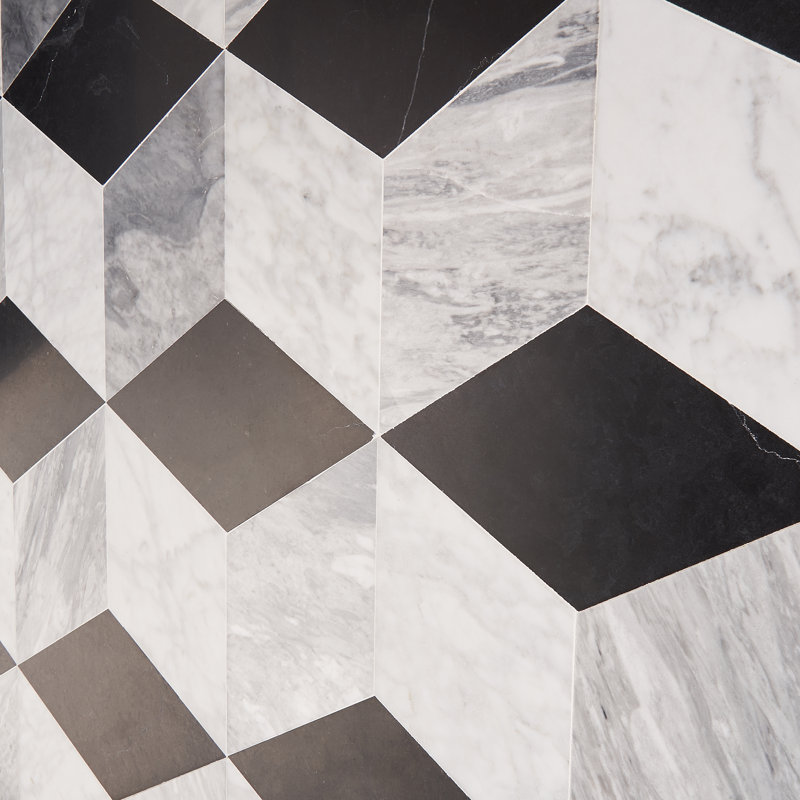 Carreau de mosaïque géométrique en marbre 8 po x 9,21 po Cadmo (feuille / feuille de 0,51 pi2), Grigio adouci