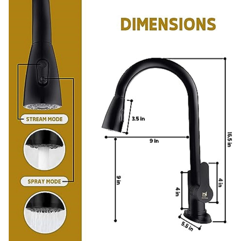 Mega Handles - Robinet de cuisine escamotable à robinet simple, Noir mat