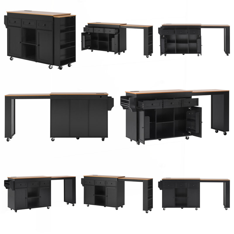 85.5" Kitchen Island with Extendable Dining Table, Black
