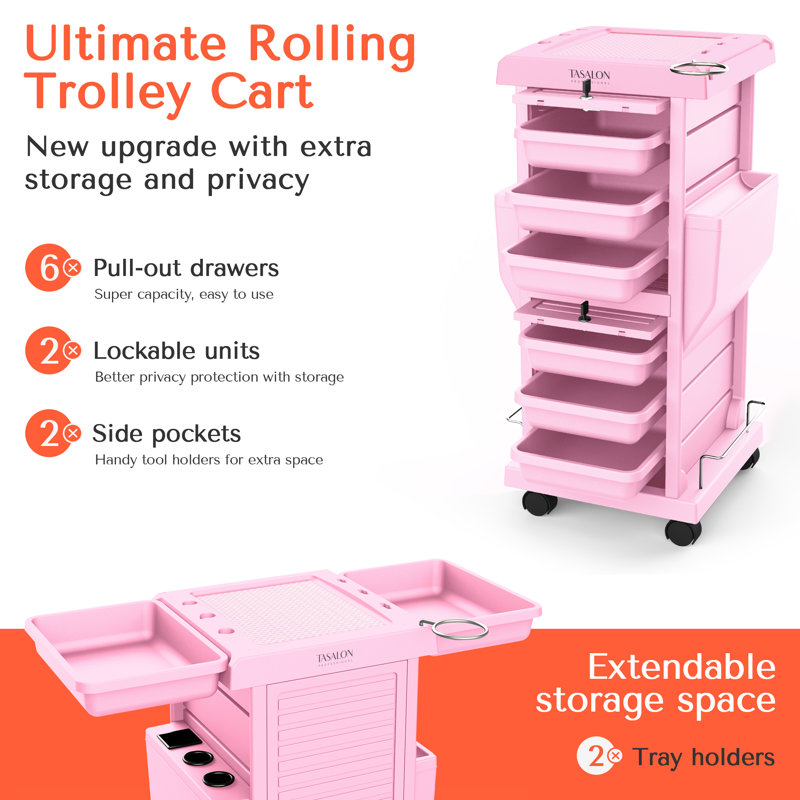 Pink Multifunctional Lockable Utility Cart with 6 Drawers