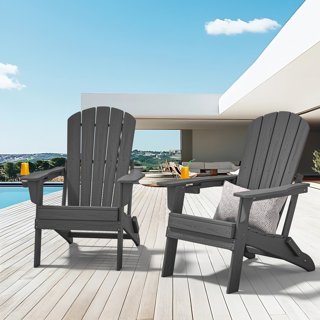Set of 2 Folding Adirondack Chairs, Wood Texture, Cup Holder, All-Weather HDPE Highland Dunes 