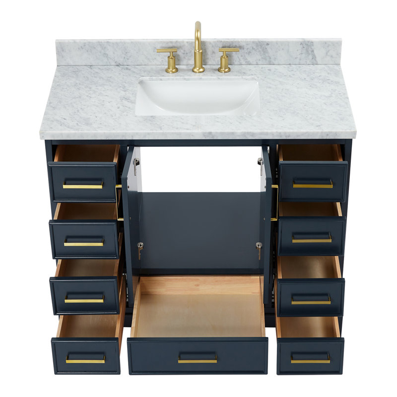 Meuble-lavabo sur pied simple 43 po avec plateau en marbre de Carrare Abita, Bleu minuit