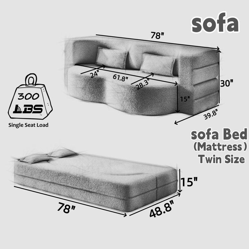 Convertible Floor Sofa Bed with 2 Pillows, Corduroy Fabric, Foam-Filled, No Assembly Required, Brown