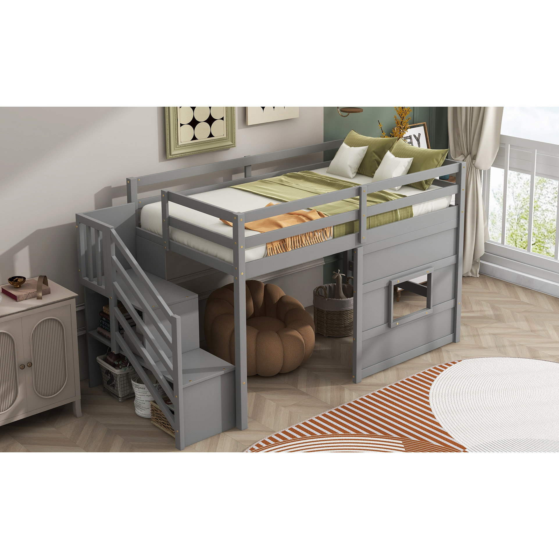 Latitude Run® Grey Twin Size Loft Bed With Functional Storage Staircase ...