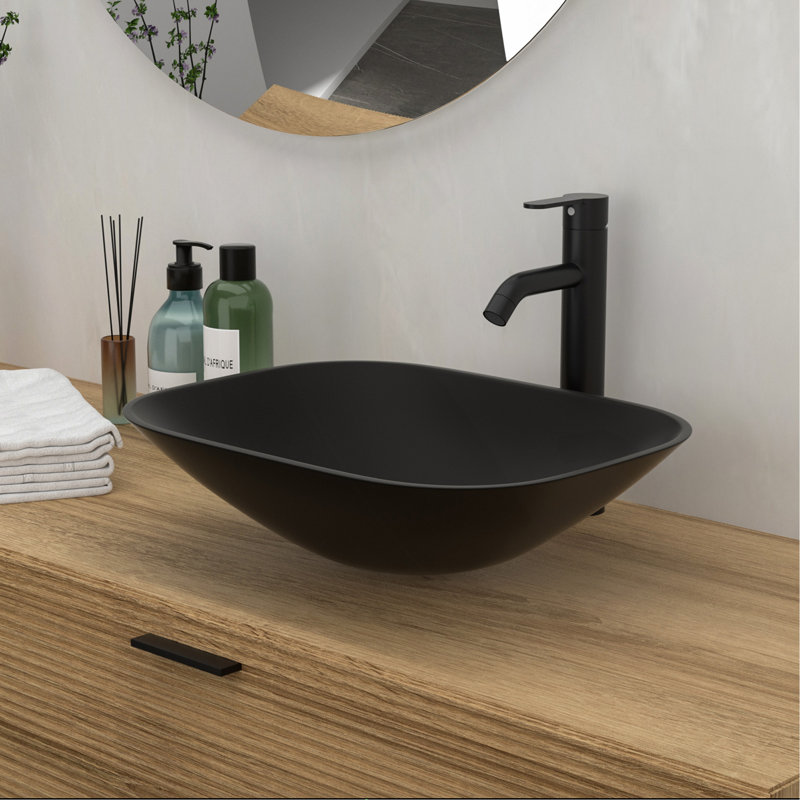 Lavabo de salle de bain en verre trempé avec robinet et bonde escamotable, noir mat, Black, Black