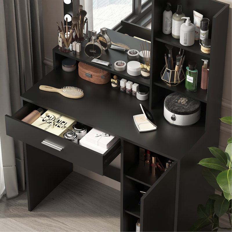 Vanity Desk with Mirror & Light, Large Drawer Three Level Storage Dresser, 3 Lighting Modes Adjustable Brightness, Bedroom Dressing Table(Black)