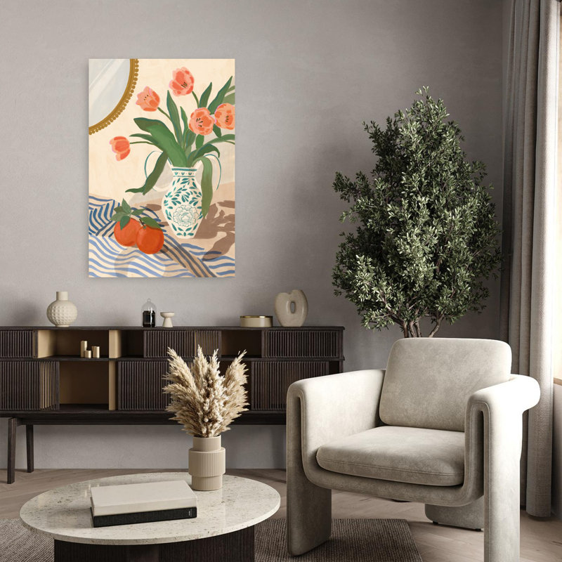 Tulipes fraîches et oranges, art floral abstrait et abstrait, H 36 po x l 24 po