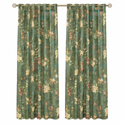 Ensemble de rideaux en lin à motif floral, panneaux de fenêtre filtrant la lumière avec imprimé d'oiseaux et botanique, rideaux de style campagne pour le salon et la chambre à coucher (ensemble de 2)