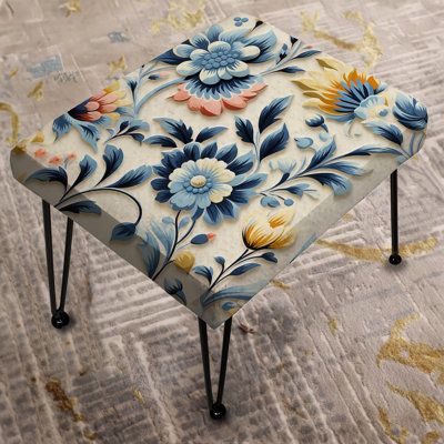 Ethno Damask Pink And Blue Ferns I - Damask Rectangle Ottoman