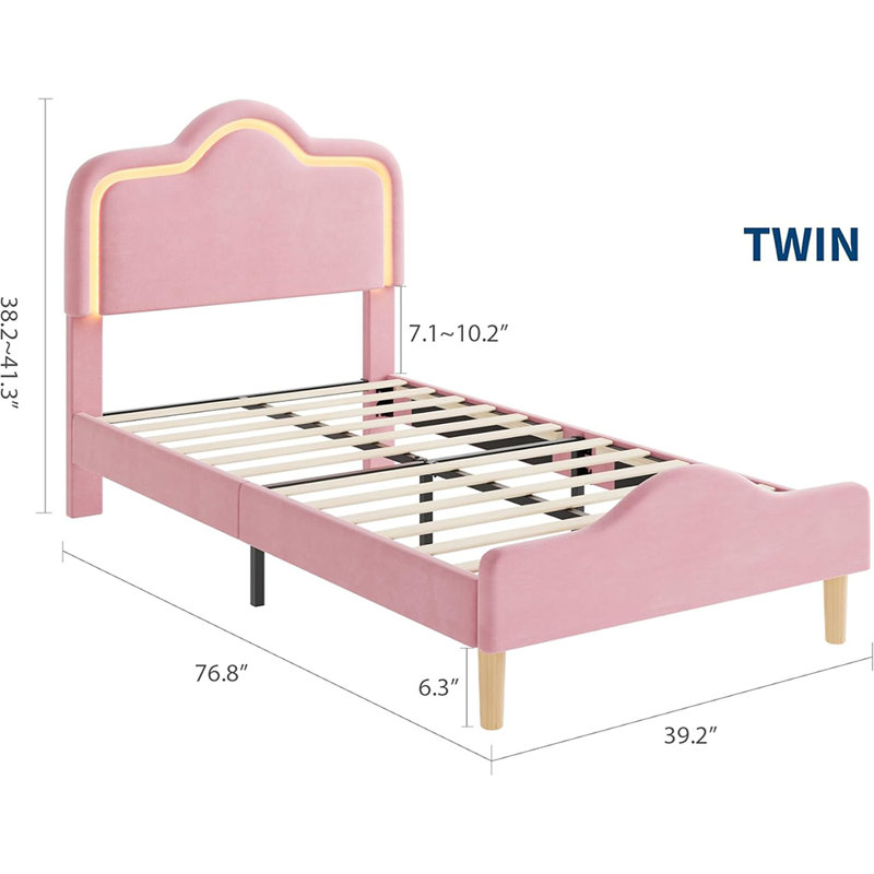 Twin Velvet Bed Frame with Adjustable LED Headboard, Princess Platform Bed for Kids & Girls, Sturdy Wooden Slats, Pink