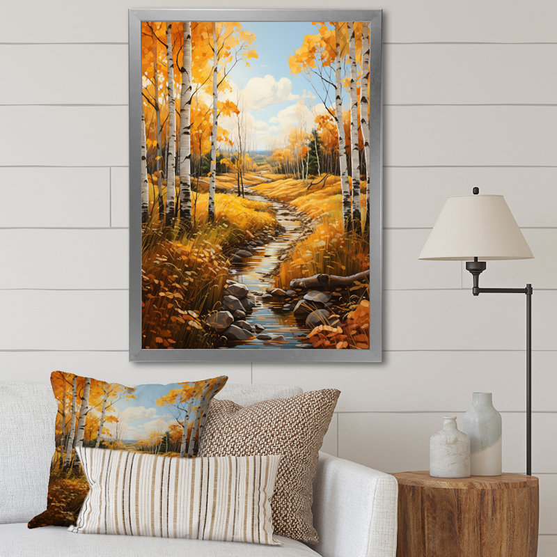 «Mulroney Birch Woods Autumn Sonata V», reproduction d'art sur toile, H 32 po x l 16 po x P 1 po, Cadre photo argenté