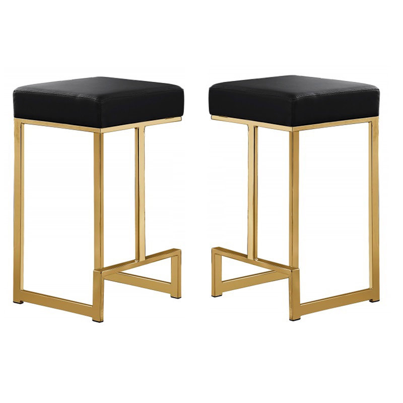 Tabourets de comptoir en métal sans dossier de 25 po de hauteur avec base (ensemble de 2), Noir, Doré