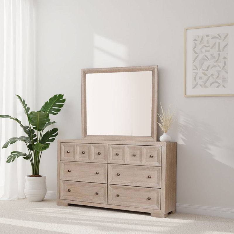 Miroir de commode Kizie, bois de chêne beige classique moderne, 42 po