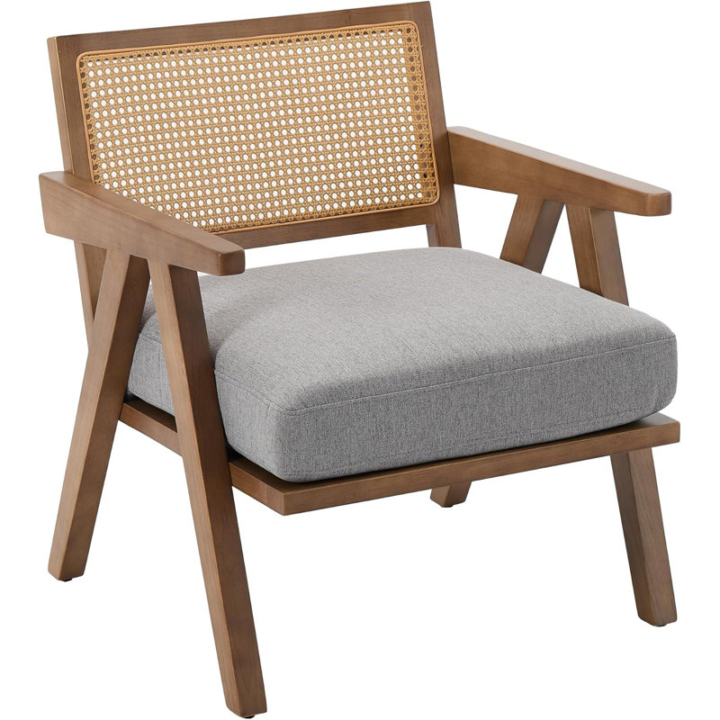 Mid-Century Farmhouse Accent Chair - Wood Armchair with Rattan Backrest & Cushion for Living Room, Bedroom - Easy Assembly