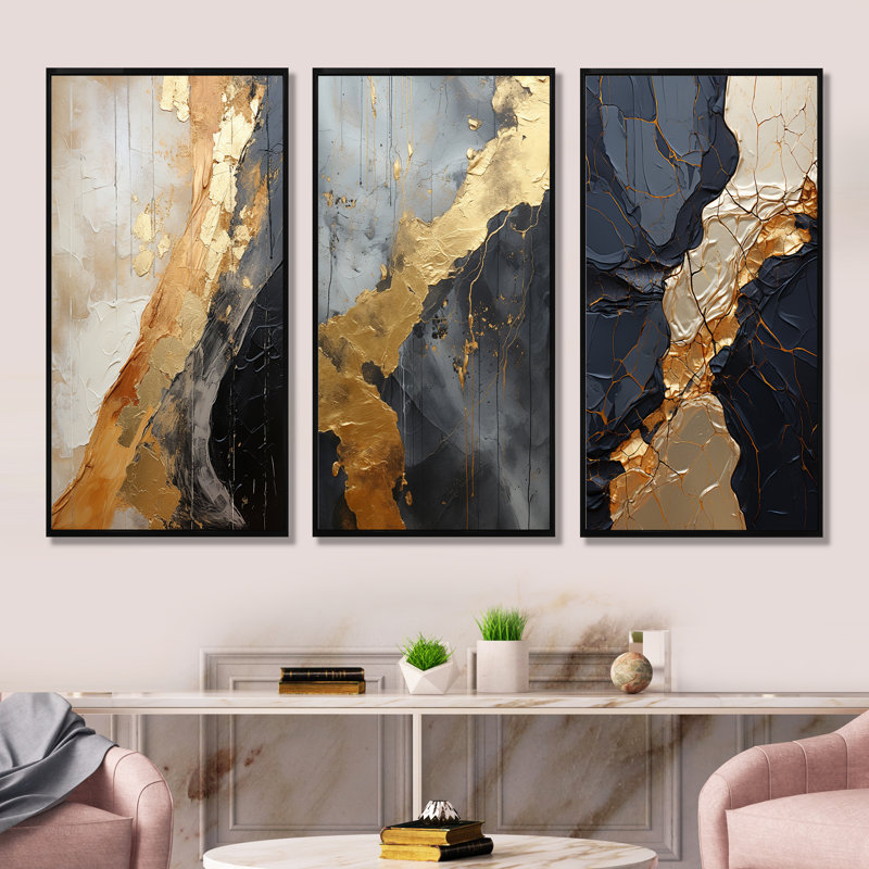 Minimalism Chrome Gold And Black Poteries, H 28 po x l 36 po, Cadre flottant noir