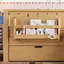 Grand lit pour enfants avec tablettes intégrées et tiroirs de rangement, escalier de sécurité et garde-corps, naturel clair-130068554-130068555
