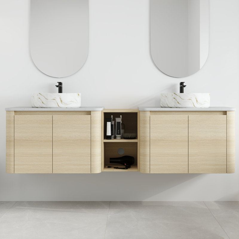 Ensemble de meuble-lavabo double mural 72 po avec lavabo en céramique et tablettes Greythor, ensemble de meuble-lavabo double 72 po avec plateau en pierre reconstituée