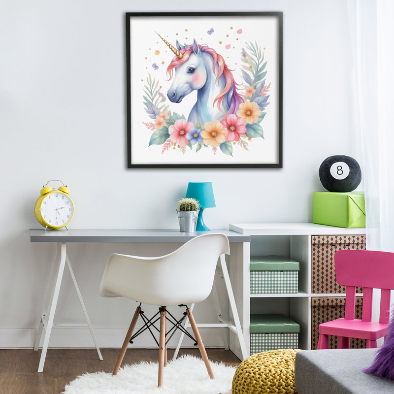 Giclée encadrée de licorne colorée avec des fleurs, design by Creative Studio, H 24 po x l 24 po, Giclée encadrée noir minuit