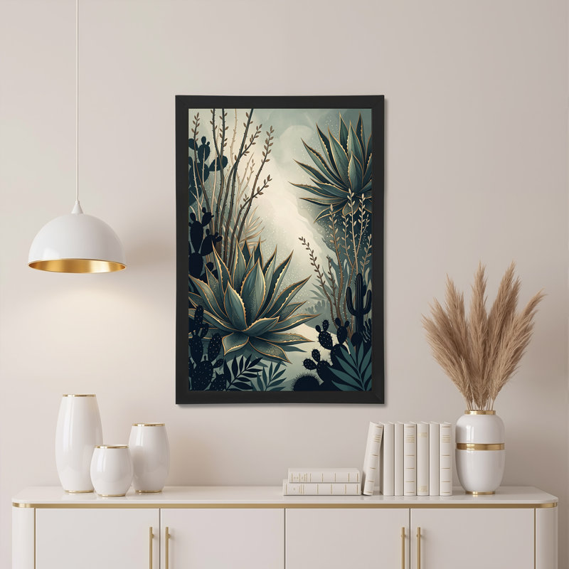 Art mural sur toile bleu sarcelle, agave et cactus avec détails dorés, H 36 po x l 24 po