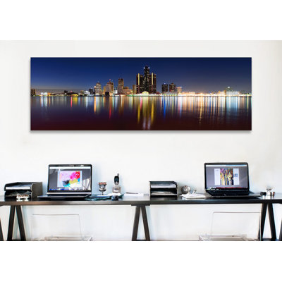 " Buildings In A City Lit Up At DuskDetroit River, Detroit, Michigan, USA " by Panoramic Images