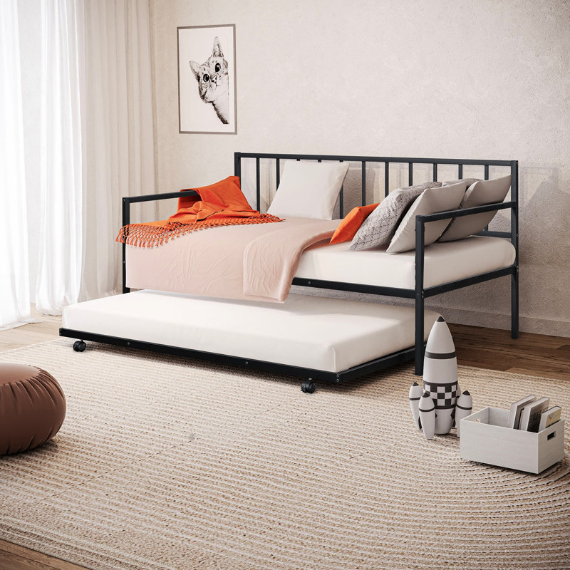 Lit de jour simple contemporain en métal noir avec lit gigogne, Noir