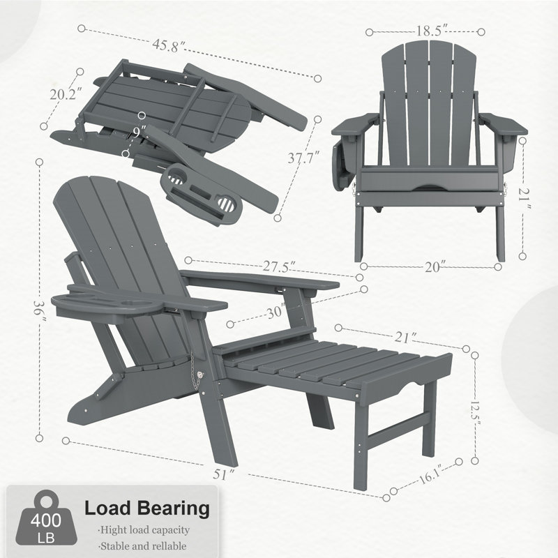 Chaise Adirondack pliante et réglable en PEHD Celese avec repose-pieds, Gris