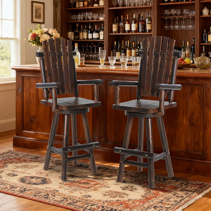 Wood Adirondack Swivel Bar Chairs Set Of 2, Rustic Outdoor Solid Log Bar Stools With High Back, 500 Lbs Capacity, 29.88" Patio Counter Height Chair For Porch, Deck, Pub, Cabin, Carbonized