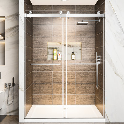 78" H Double Sliding Shower Screen, Soft-Close Brushed Nickel Door, 3/8"  10Mm  Tempered Glass With Shatter Film, Waterproof And , Adjustable Width 60" Wide Door Mechanism, Clear -Proof Protection,