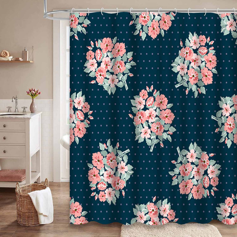 Rideau de douche à pois rétro avec 12 petites fleurs, L 72 po x l 72 po