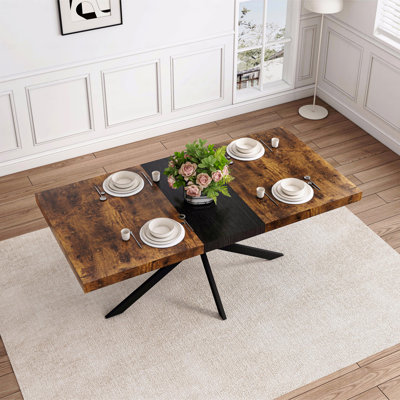 Extendable Rectangular Dining Table, Retro  Rectangular Dining Table, Antique Wood Top And Black Relief Plate, Black Fine Sand Cross Iron Foot Base Dining Table, With Storage Box.