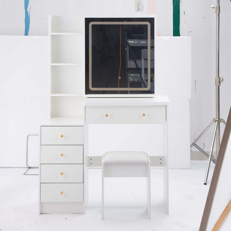 Ensemble de meuble-lavabo de 37 po avec commode de chevet de taille moyenne 37 po, 2 prises AC 2 USB, support pour sèche-cheveux, grand miroir à DEL tactile, interrupteur 3 couleurs