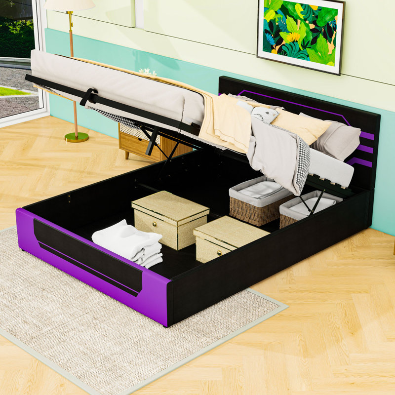 Base de lit plateforme avec espace de rangement sous le lit, Noir / mauve