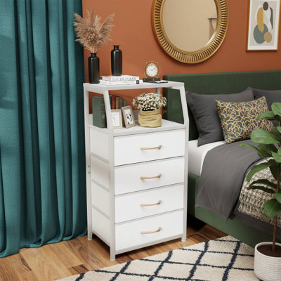 33" H 4-Drawer Storage Tower with Wood Top, Slim Fabric Dresser and Nightstand, White