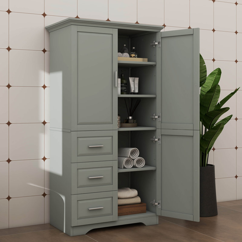 Armoire de rangement à grande capacité avec portes, parfaite pour la salle de bain / bureau, avec trois tiroirs, Gris