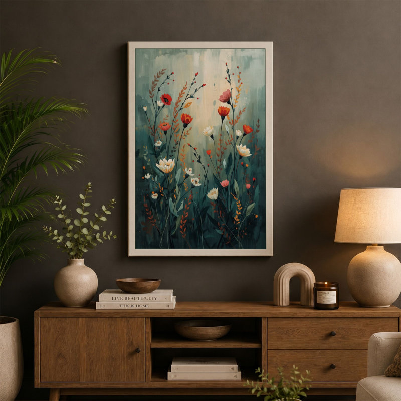 Wildflower Study Botanical - Wrapped Canvas, 30x20 - 76.2 x 50.8 cm, Teal Border