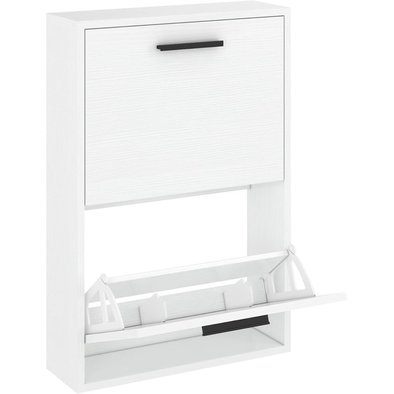 Shoe Cabinet , Wall Mounted Shoe Organizer With 2 Flip Drawers, 29.5" H x 25.6" W x 6.3" D, Walnut/White