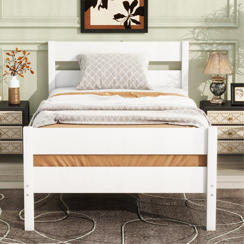 Lit simple avec tête et pied de lit, lit en bois d'hévéa, blanc, Blanc