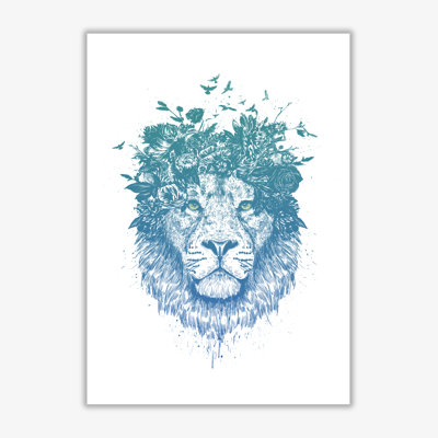 Floral Turquoise Lion by Mercedes Lopes Charro - Print