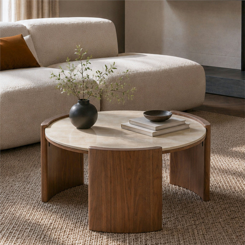 Table basse Modern Modern, Plateau jaune / base noyer