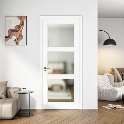 Dalle de porte intérieure 24 po x 80 po en verre trempé givré 3-Lite pour portes de garde-manger, portes françaises et de poche, porte intérieure à noyau plein sans trousse de quincaillerie et cadre
