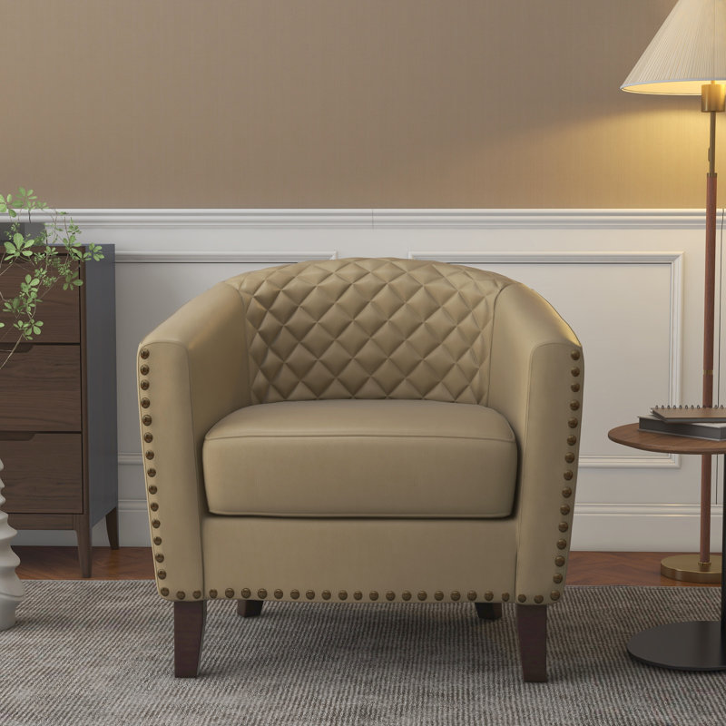 Edvardas 73.9 Cm Wide Tufted Barrel Chair, Beige Faux Leather