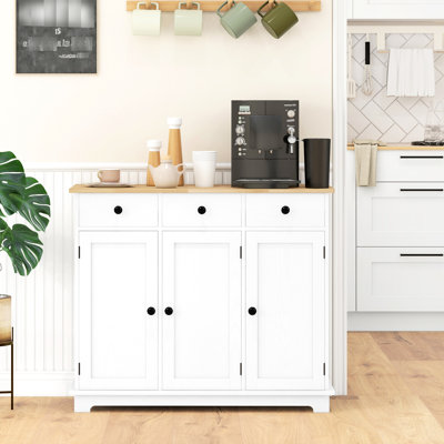 White Sideboard With Solid Wood Countertop - Modern Kitchen Storage Cabinet, 3 Drawers, Doors, Adjustable Shelf Countertop, For Distressed Pantry