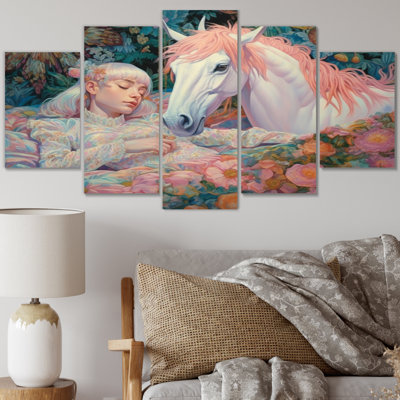 «Sleeping With The Unicorns» - art mural de salon Licorne fantastique - 5 panneaux