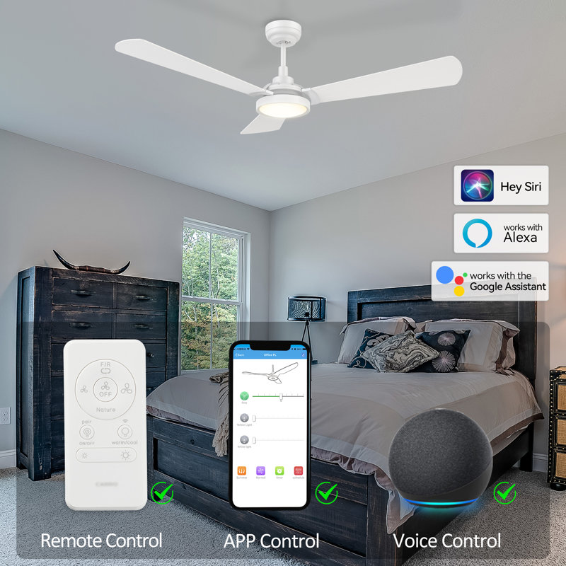 56" 3 - Blade LED Smart Ceiling Fan with  Light, White, White